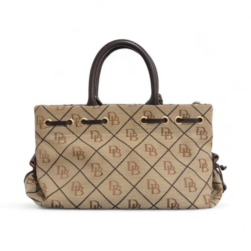 Vintage Dooney & Bourke Brown Logo Print Canvas Tassel Tote Satchel Bag - Picture 2 of 13